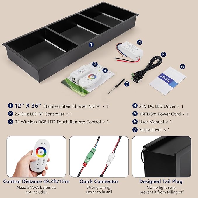 12" X 36" RGB LED Shower Niche No Tile Needed, 304 Stainless Steel Shower Niche Insert Tile Ready, Recessed Wall Shelf for Bathroom Storage Organizer with Remote Control, Matte Black