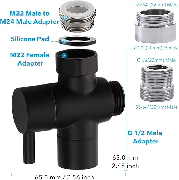 Sink Faucet Sprayer Set, Handheld Bidet Sprayer for Toilet, Metal Sprayer, with M22 M24 G1/2 Adapters and 3m Hose for Kitchen Sink, Bathroom or Toilet, Matte Black. (Faucet Not Included)