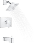 KENES Chrome Tub and Shower Trim Kit, Square Tub Shower Faucet Set Complete with 6-Inch Rainfall Shower Head and Tub Spout, KE-6025A-5 (Shower Valve Included)