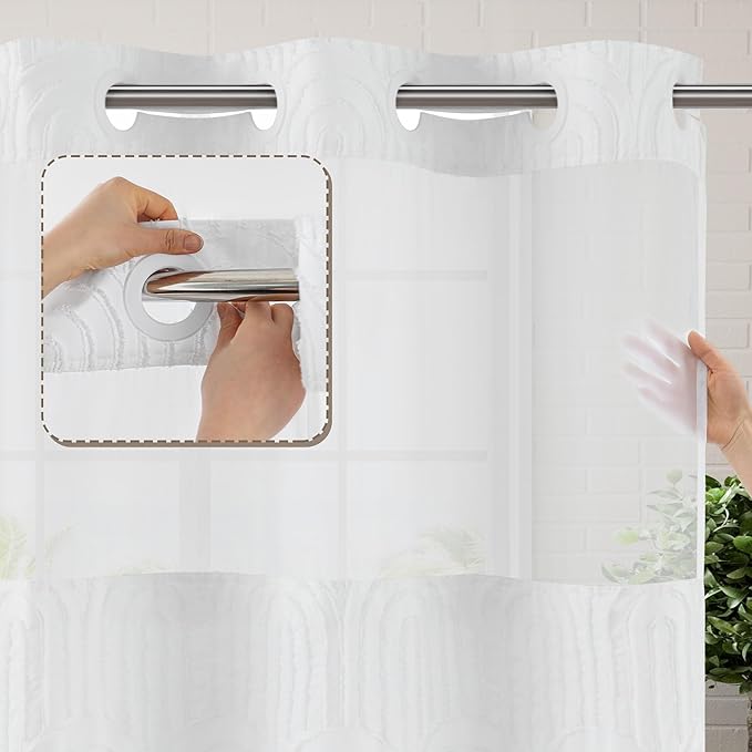 ROSERY No Hook Shower Curtain with Snap in Fabric Liner Set, Boho Farmhouse Jacquard Tufted Geometric Striped Shower Curtain for Bathroom with See Through Window, Arch Pattern, 71" W x 74" L