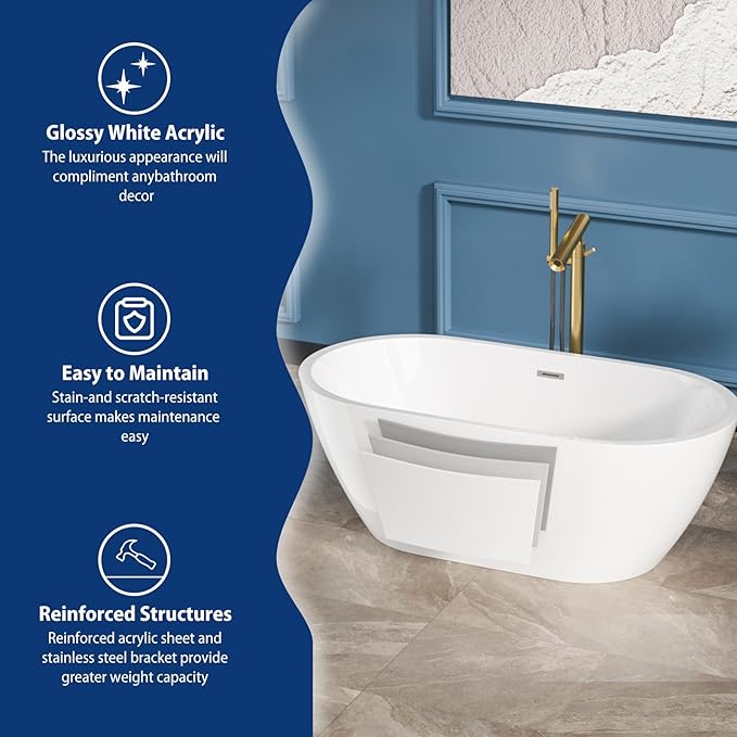 Sarlai 59 Inch Acrylic Freestanding Soaking Bathtub Contemporary Soaking White Tub Stand Alone Ergonomic Bathtub with Chrome Drain and Overflow
