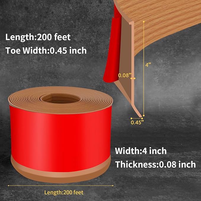 Flexible Baseboard Molding Trim 4 Inch Self-Adhesive Vinyl Wall Base Peel and Stick Cove Base Rubber Wall Baseboard Moulding Trim (200Ft, Yellow Oak)