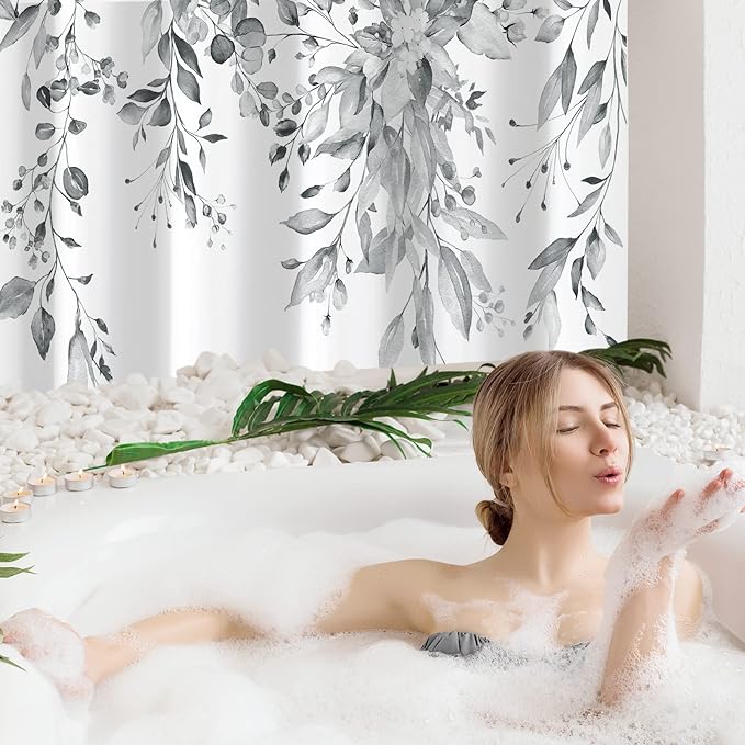Gibelle Small Stall Shower Curtain 36 x 72, Narrow Grey Floral Decorative Bathroom, Watercolor Plant Eucalyptus Leaves Fabric