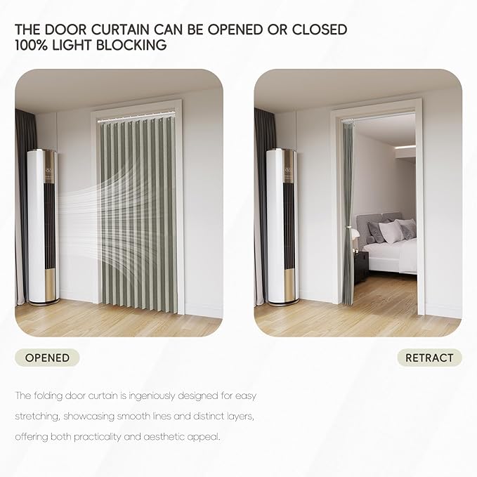 Accordian Door Curtain, 100% Blackout Folding Magnetic Doorway Curtains,Linen Style Closet Doors,for Room Divider,Privacy Protection（W72 x L78,Grey,1 Panel）