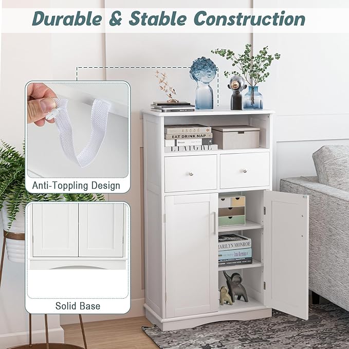 Tangkula Bathroom Cabinet, Floor Standing Storage Organizer w/2 Drawers & 2 Doors, 3-Position Adjustable Shelves, Anti-Toppling Design, Floor Cabinet for Bathroom (White, 2 Drawers & Cabinet)
