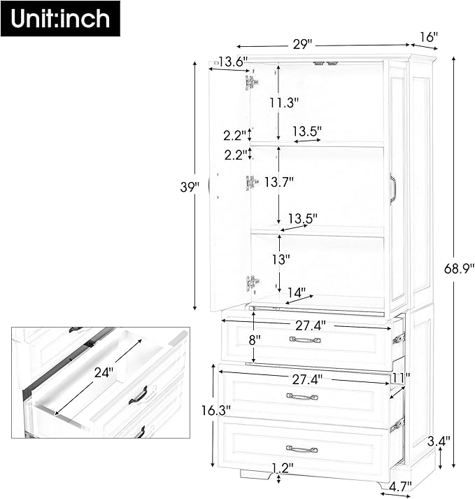 Favfurish 69" Tall Bathroom Storage Cabinet with Doors and 2 Drawers,Modern Linen Cabinets w/Adjustable Shelf & Magnetic Door Stopper,Freestanding Organizer for Dining Room,Kitchen,Office,White