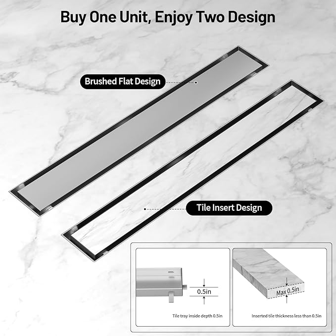 Linear Shower Drain, 304 Stainless Steel with Adjustable Leveling Feet, Hair Strainer,Reversely Install Place to Create an Invisible Floor Drain - Silver -54-Inch