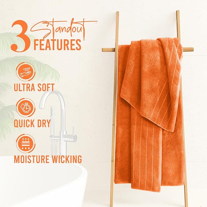 DAN River Extra Large Bath Towels Set of 4, 30 x 60 Inches - 100% Cotton Larger & Lighter Weight Towels for Bathroom - Quicker to Dry, Super Soft & Highly Absorbent Towels for Home, Orange