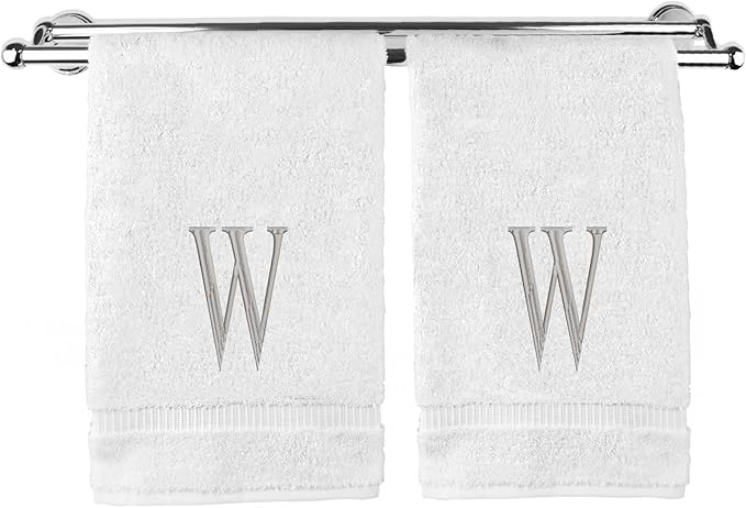 Monogrammed Hand Towel, Personalized Initial Gift, Extra Absorbent 100% Turkish Cotton - Soft Terry Finish - Set of 2 - Silver Block Initial W - Embroidered on White Towels