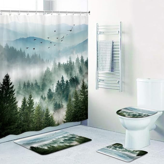 Riyidecor 4PCs Shower Curtain Sets Green Bathroom Curtain with Non-Slip Rugs Mountain Scenic Toilet Lid Cover and Bath Mat Tree Nature Woodland Waterproof 12 Hooks 72x72 inch Mens Bathroom Decor