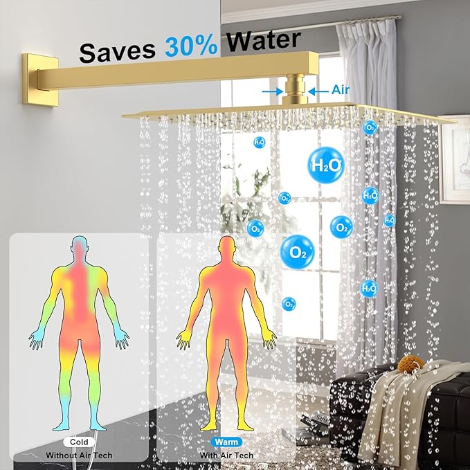 Shower System Modern Rain Brass Faucet Set With Valve and Diverter Shower Mixer With Handheld High Pressure Square Rainfall Shower Valve (12'' Wall Mount, Brushed Gold)