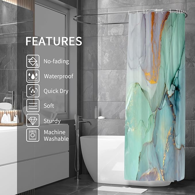 Gibelle Long Fabric Shower Curtain 72 x 78, Tall Abstract Marble Shower Curtains for Bathroom, Blue Green Purple Jade Texture Gold Stripes Ombre Ink Art Decor Bathroom Curtains Set