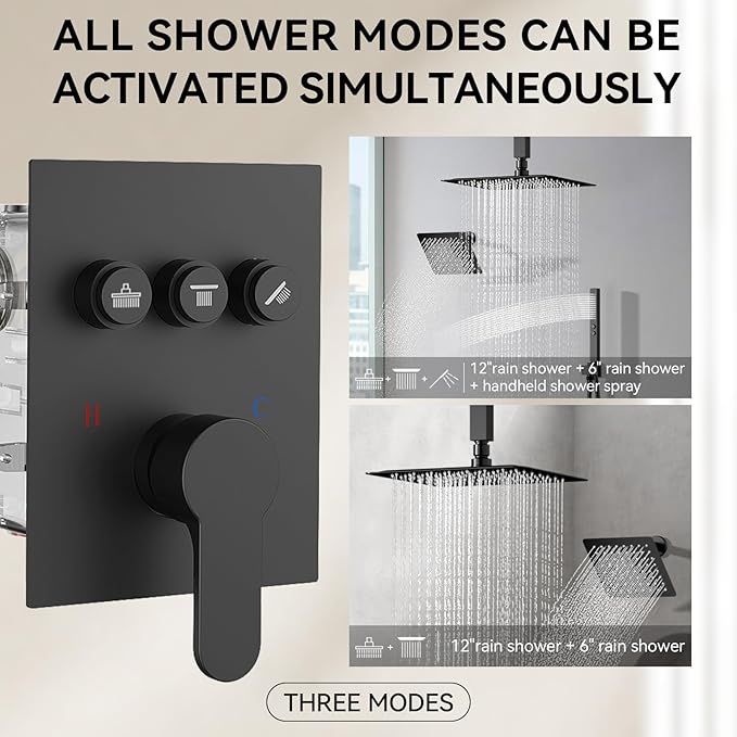 Shower Faucet Set, 12" Shower System with Rain Shower and Handheld, Ceiling Mount Dual Head Can Run All Together For Two People, 3 Way Shower Valve with 5 Diverter Complete, Matte Black