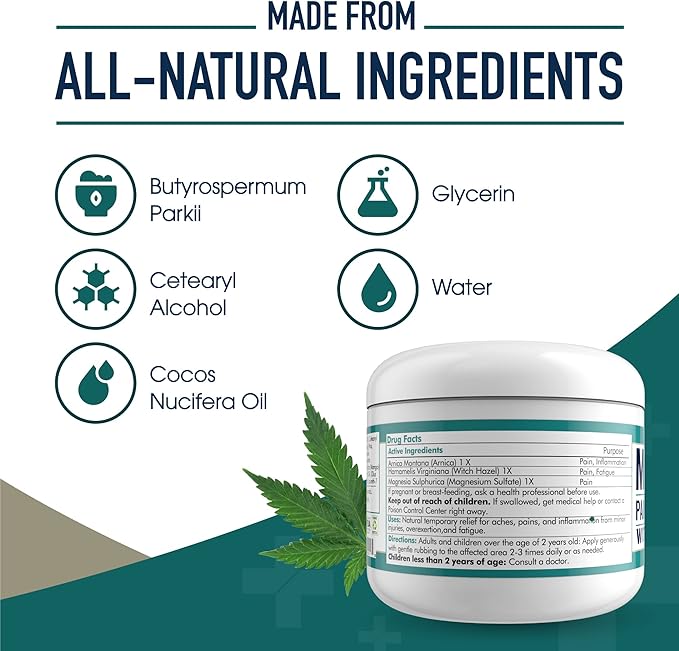 MARS WELLNESS MG+ Hemp Pain Cream (4 oz) - Maximum Strength Arnica & Magnesium Cream for Sore Legs, Joints & Muscle Cramps - Unisex Adults