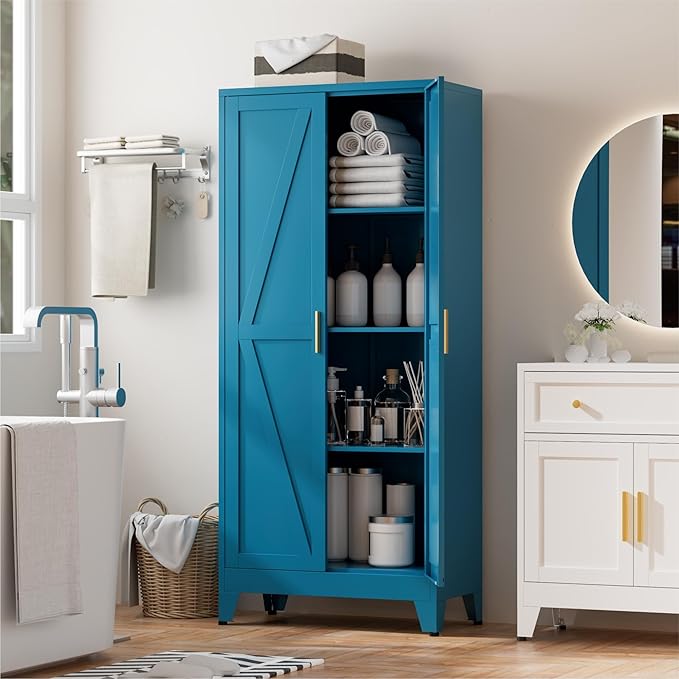 Blue Metal Kitchen Pantry Cabinet, 61" Tall Farmhouse Storage Cabinet with 2 Vintage Barn Doors and 4 Adjustable Shelves, Rustic Freestanding Cupboard for Kitchen,Home Office Living Room,Dining Room