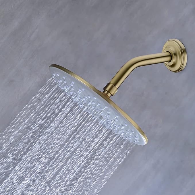 6 Inch Brushed Gold Angled Shower Arm with Flange, Stainless Steel Curved Shower Head Pipe Wall Mounted Extension Shower Neck Rain Rod