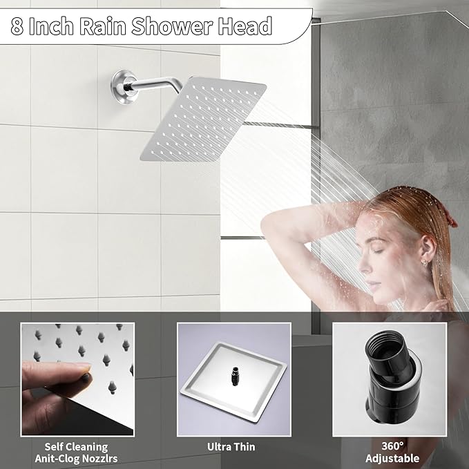 Bathroom Rainfall Shower System Wall Mount 8 Inch Shower Head With Handled Spray 6 Pcs jets Temperature Display Shower Faucet Set (Chrome)