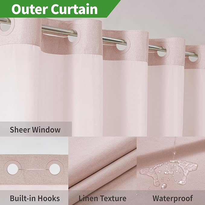 Long No Hooks Needed Linen Textured Shower Curtain with Snap-in Fabric Liner Set,Blush Hotel Luxury Decor Shower Curtains for Bathroom,Waterproof & Washable,71Wx80H