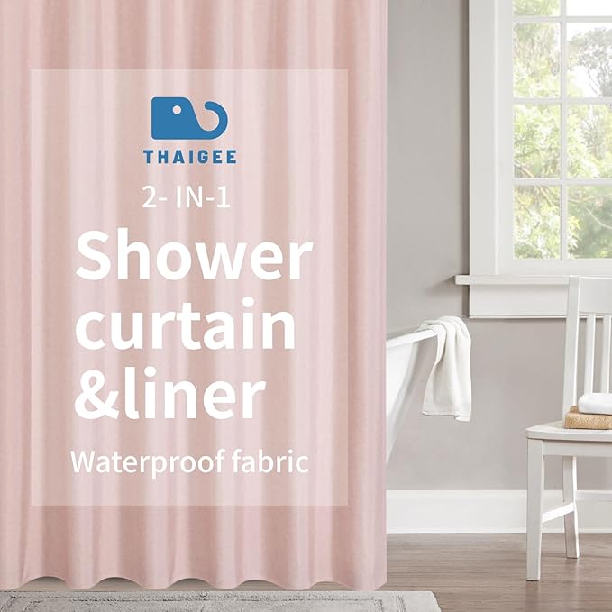 2-in-1 Waterproof Extra Long Fabric Shower Curtain or Liner,Linen Textured,84 Inch Breathable TPU & Washable Bathroom Shower Curtain Set with 12 Plastic Hooks,Modern,72"x84" Blush