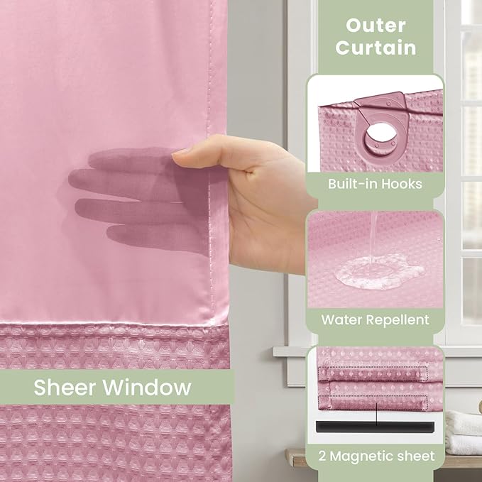 Inhousolu No Hook Shower Curtain with Snap in Fabric Liner Set Waffle Weave 230GSM Weighted Hem, Waterproof & Washable Bathroom Curtain Spa Luxury with Mesh Top Window 72" W x 72" L Pink