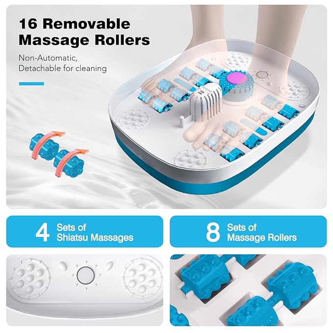 KNQZE Collapsible Foot Spa with Heat, Remote Control, Temperature Control, Bubbles, Pumice Stone, Red Light, Timer, 16 Massage Roller Pedicure Foot Bath Tub Foot Soaker for Relaxation & Stress Relief