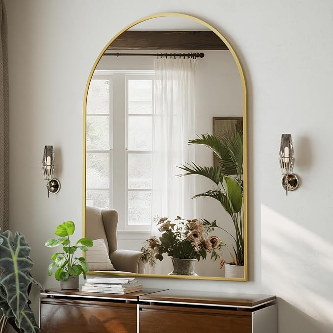 HARRITPURE Arched Bathroom Mirror - 32"x48" Gold Large Wall Mounted Vanity Mirror Aluminum Alloy Frame Arch Wall Mirror for Living Room, Bedroom and Entryway