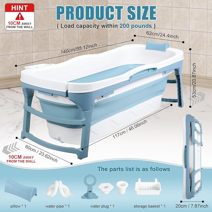 56" Portable Bathtub for Adult, No Installation, Foldable Tub for Shower, Folding Collapsible Bathtub Soaking Tub for Bathroom, Ergonomically Designed for The Ultimate Relaxing Soaking Bath Blue