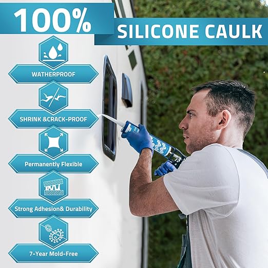PAULINN Silicone Sealant, 100% Silicone Caulk Clear Waterproof for RV, Kitchen, Bath, General Use, Window, Door, Glass, Marine, 10.2 Oz, 4 Packs