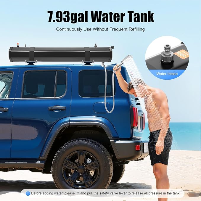 Self-Pressurized Water Tank for Camping Showers 30L, Roof Rack Mount Road Shower with Hose & Shower Head, Vehicle Water Storage for Car, SUV, RV, Beach, and Off-Road Adventures