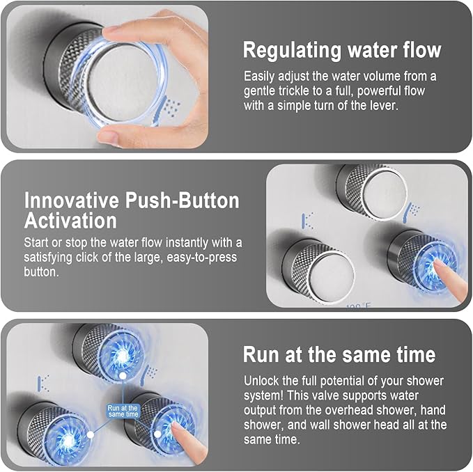Modern Push Button 3 Way Thermostatic Shower Valve, Concealed 3 Outlet Multi Function Brass Mixer Shower Diverter Valve Kit Can Control Flow and On-Off Simultaneously, Brushed Nickel