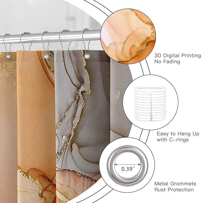 Long Shower Curtain 72 x 78 Inch, Tall Abstract Marble Shower Curtains for Bathroom Decor, Modern Luxury Art Decor Ink Texture Fabric Shower Curtain Set with Hooks, Orange