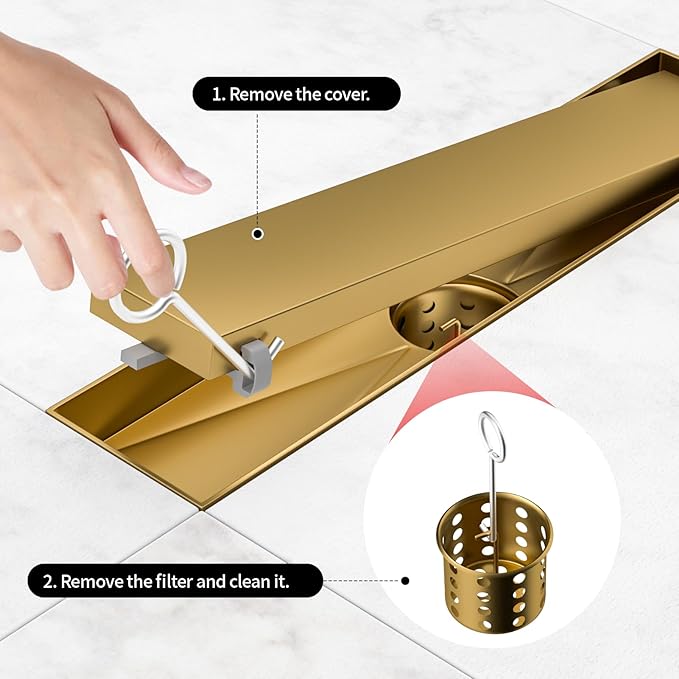 Linear Shower Drain, 304 Stainless Steel with Adjustable Leveling Feet, Hair Strainer,Reversely Install Place to Create an Invisible Floor Drain - Gold -54-Inch