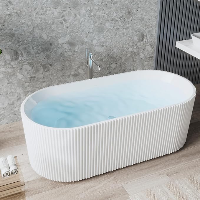 Freestanding Bathtub 67 Inch Acrylic Soaking Tub – Contemporary Stripe Design Free Standing Tub with Pop-Up Drain & Overflow, Elegant Freestanding Bathtub for Bathroom Upgrade