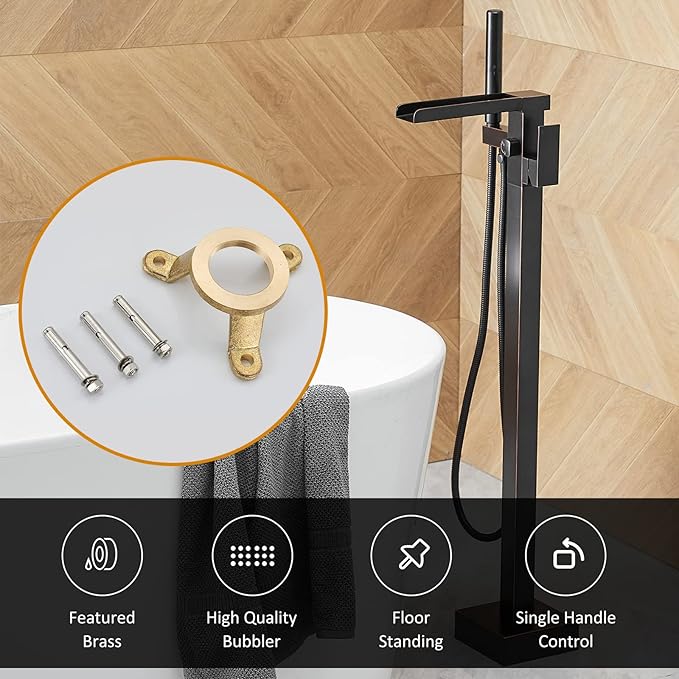 BESy Freestanding Bathtub Faucet Waterfall Tub Filler Oil Rubbed Bronze Floor Mount Brass Single Handle Bathroom Tub Faucets with 2 Function Hand Shower Wand