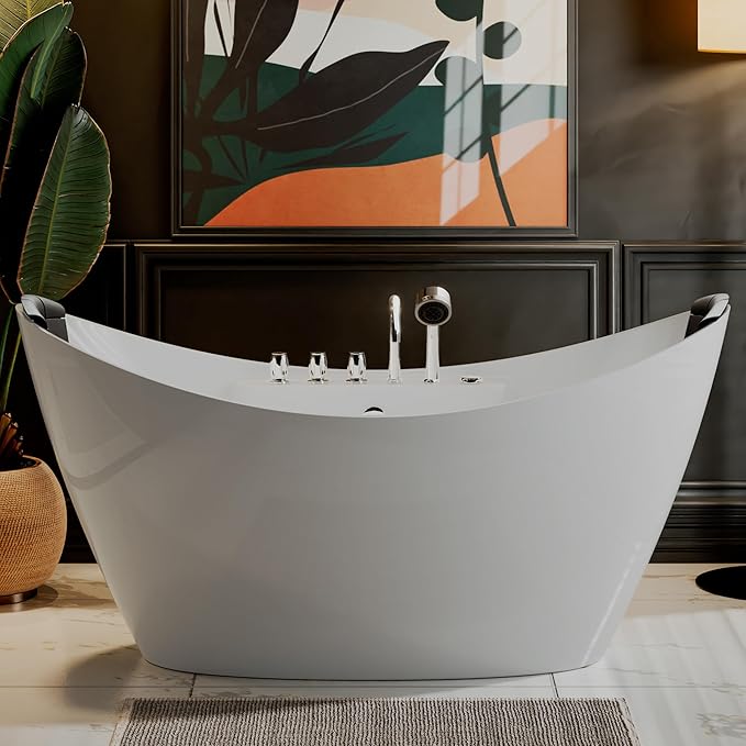 Empava 59" x 28" Freestanding Whirlpool Tub with Center Drain,560W Stand Alone Bathtub with 8 Hydromassage Jets, Unique Boat-Shaped,Acrylic,ETL Certified