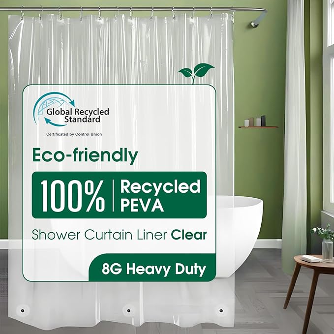 Bowery Home NOT Made in China Eco-Friendly Recycled PEVA Shower Curtain Liner – Waterproof, Sustainable, Non-Toxic Shower Curtain Liner, with Rust-Proof Grommets, 72x72IN, 8G – Clear