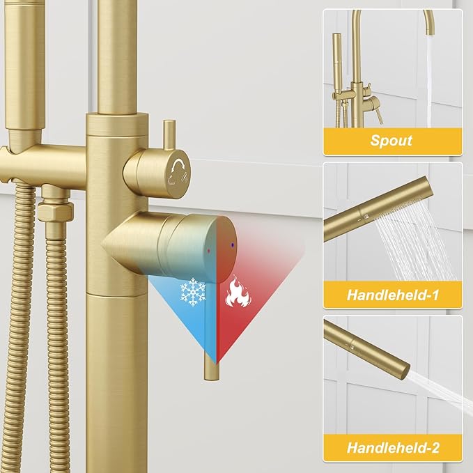 BESy Freestanding Bathtub Faucet Tub Filler Free Standing Floor Mount Stand Brass Bathroom Tub Faucets Sets with 2 Function Hand Sprayer Shower Wand Swivel Spout, Brushed Gold Finish