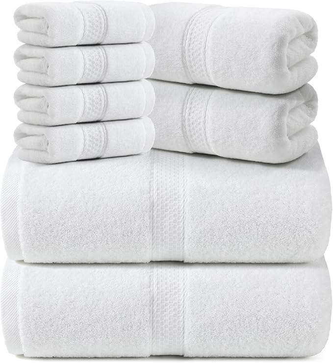 REDKISS Luxury Bath Towel Set of 8 Pieces - 100% Cotton, Super Absorbent, Quick-Dry | 2 XL Bath Sheets (35x70 in), 2 Hand Towels, 4 Washcloths | Hotel & Spa Quality-White
