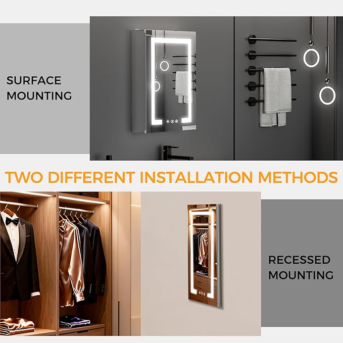 LED Bathroom Mirror 20 * 26 Stepless Dimmable Wall Mirrors with Anti-Fog, Shatter-Proof, Memory, 3 Colors, Memory Function, Water Proof, Decor Vanity Mirror