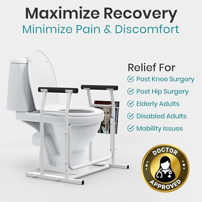 Vive Toilet Safety Rail with Arms - Toilet Support Frame w/Handles for Seniors - Grab Bar Handrail for Elderly, Handicap & Disabled - Bathroom Riser Assistance Aid - Stand Alone Lifter to Help Stand