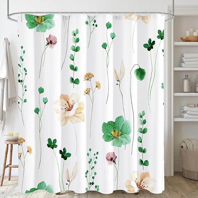 Gibelle Watercolor Floral Shower Curtain, Emerald Green Beige Flower Shower Curtain for Bathroom, Modern Minimalist Waterproof Fabric Shower Curtain Set 72x72 Inch