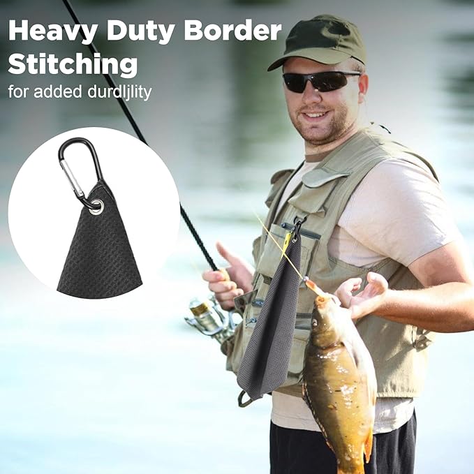 3 Pack Microfiber Fishing Towels with Clip, 16" X 16", Waffle Pattern for Effective Cleaning of Fishing Gears or Dirty Hands, Perfect for Camping Towels and Hiking Towles, Grey/Blue/Black