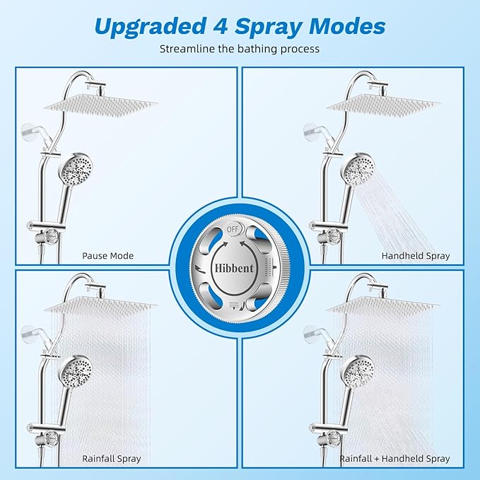 Hibbent cUPC Certified All Metal 12" Rainfall Showerhead Combo, High Pressure Shower Head with 10-Spray Mode Handheld, Innovative 4-way Diverter with Pause Mode, 71'' Shower Hose and Holder, Chrome