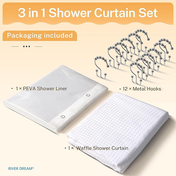 River Dream Extra Long Waffle 3 in 1 Shower Curtain Set, White Fabric Shower Curtain and Clear Liner Set with Double Sided Hooks, Waterproof, 72" W*84" H