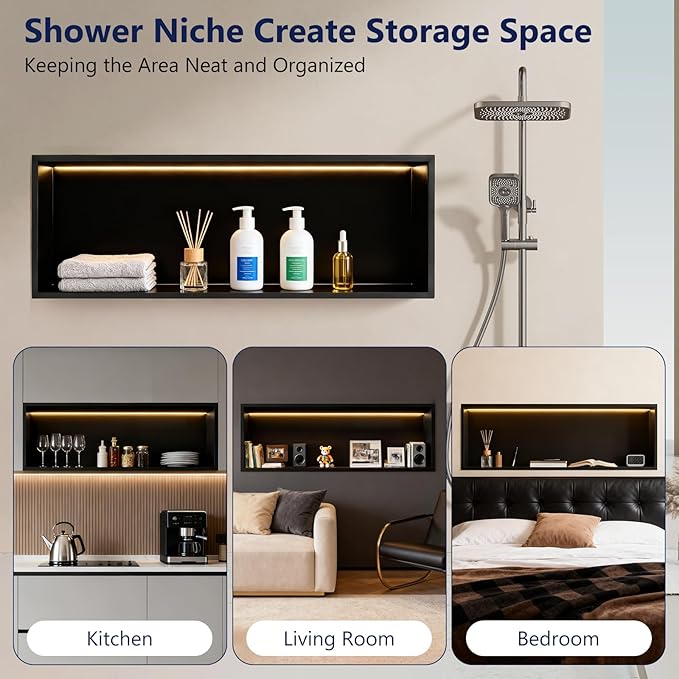 36" X 12" Stainless Steel Shower Niche, LED Shower Niche No Tile Needed with 3000K LED Warm Light Recessed Shower Wall Shelf for Bathroom Storage, with Remote Control, Matte Black