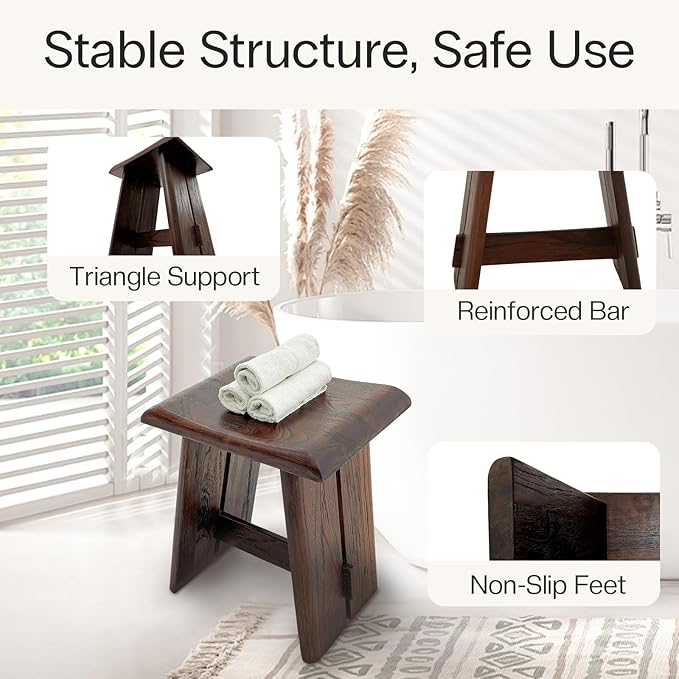 StrongTek Teak Shower Stool for Bathroom, Teak Bath Bench, 18" Height, Ergonomic Curved Seat, No Assembly Required, Compact & Stable Design, 350 lbs Capacity, Ideal for Shower, Spa & Home Use