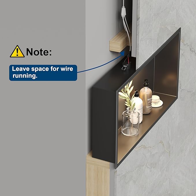 Neodrain Wall Niche with Non-dimmable LED Downlight, Matte Black Stainless Niche NO Tile Needed 24X12Inch Shower Niche, Built-in Recessed Cubby for Bathroom Storage