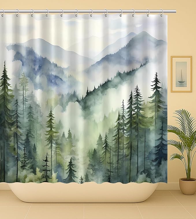 Coveted Goods Mountain Forest Shower Curtain 72” x 72”, Waterproof Polyester, Misty Pine Tree Landscape, Includes Grommets and Hooks, Machine Washable Nature-Inspired Bathroom Decor