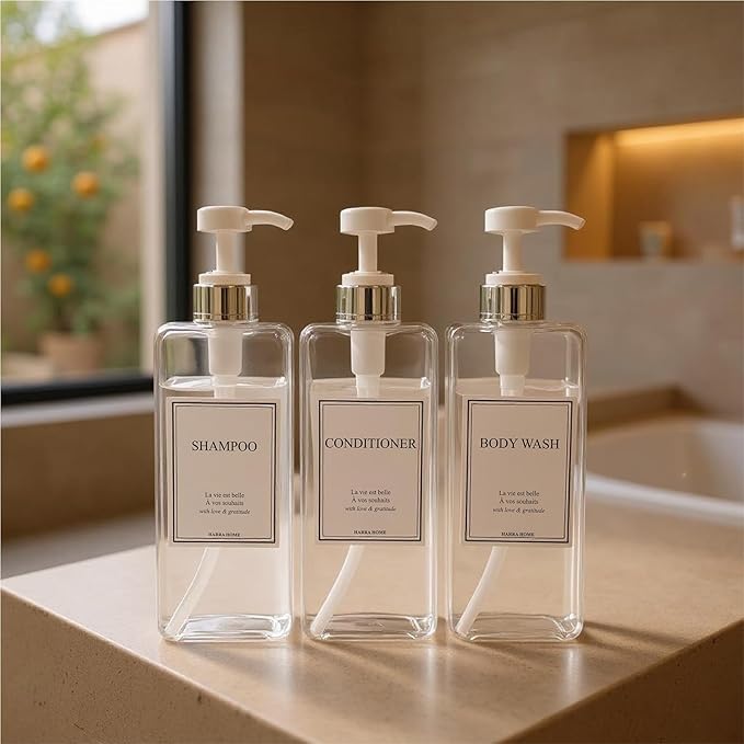 Modern Design Shampoo and Conditioner Dispenser, Large 27oz Shower Soap Dispenser, Set of 3 Refillable Empty Plastic Pump Bottles for Bathroom, 6 Waterproof Labels Included, (Clear & Silver)