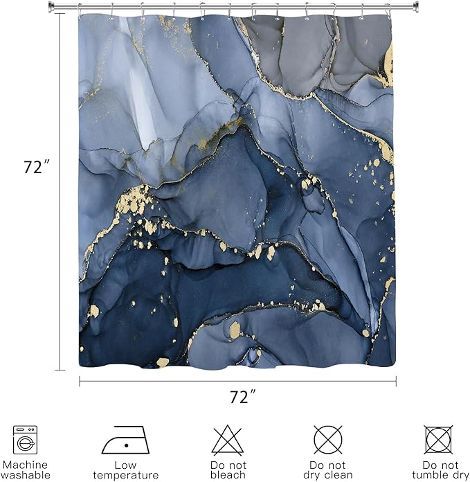 Navy Blue Marble Shower Curtain, Dark Blue Modern Abstract Fabric Shower Curtains for Bathroom, Luxury Art Ink Texture Watercolor Shower Curtain Set with Hooks 72x72